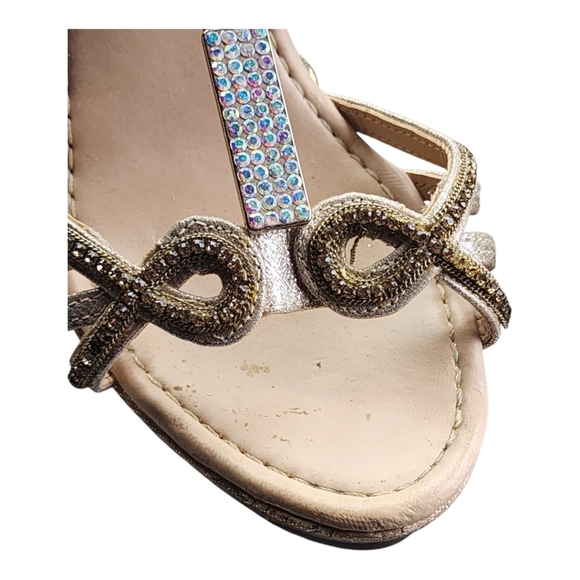 Secreto di Bella Gold Wedge Sandals Size EU 38 Rhinestone Charm Cork Heel Dressy - Picture 13 of 16